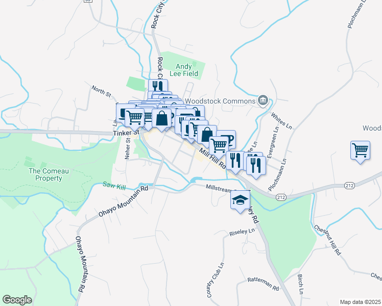 map of restaurants, bars, coffee shops, grocery stores, and more near 60 Mill Hill Road in Woodstock