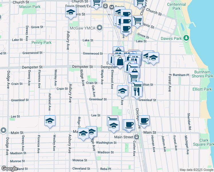 map of restaurants, bars, coffee shops, grocery stores, and more near 1138 Elmwood Avenue in Evanston