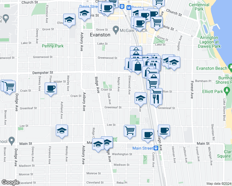 map of restaurants, bars, coffee shops, grocery stores, and more near 1135 Oak Avenue in Evanston