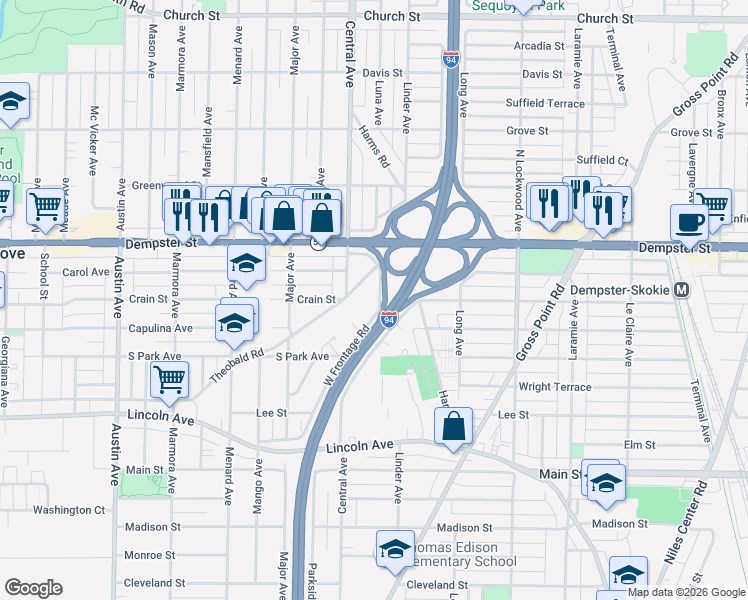 map of restaurants, bars, coffee shops, grocery stores, and more near 8660 Frontage Road in Morton Grove