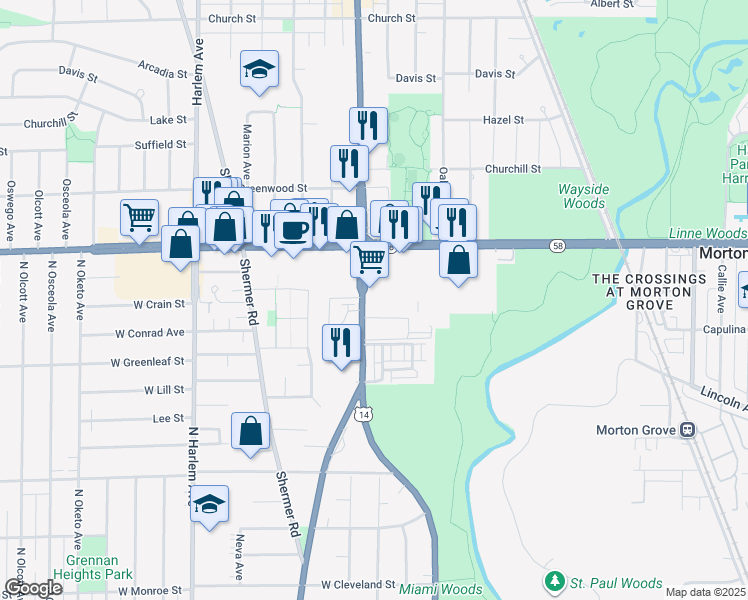 map of restaurants, bars, coffee shops, grocery stores, and more near 6929 West Dempster Street in Morton Grove