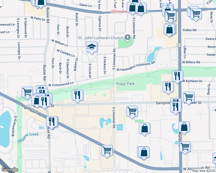 map of restaurants, bars, coffee shops, grocery stores, and more near 702 Dempster Street in Mount Prospect