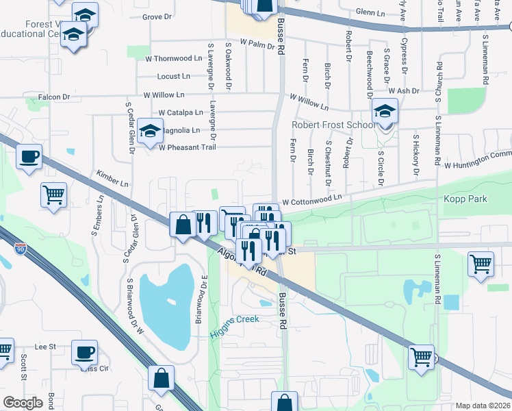 map of restaurants, bars, coffee shops, grocery stores, and more near 1771 West Hatherleigh Court in Mount Prospect