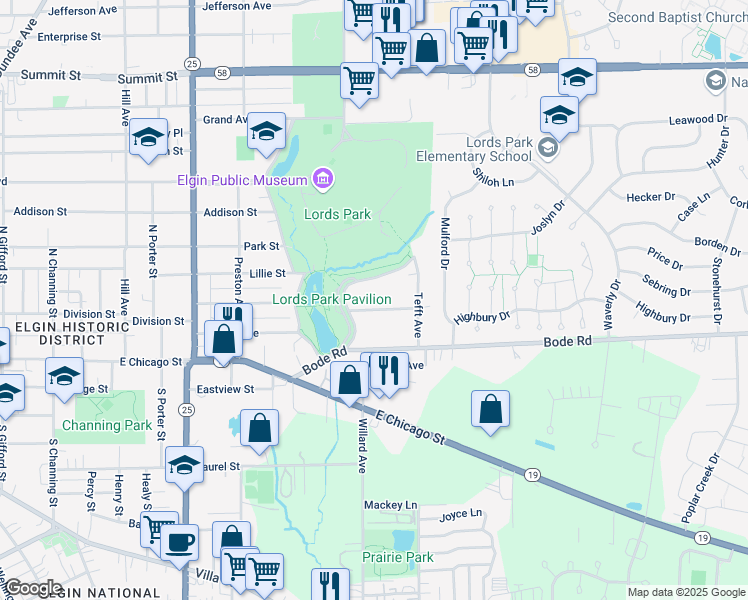 map of restaurants, bars, coffee shops, grocery stores, and more near 816 Forest Avenue in Elgin