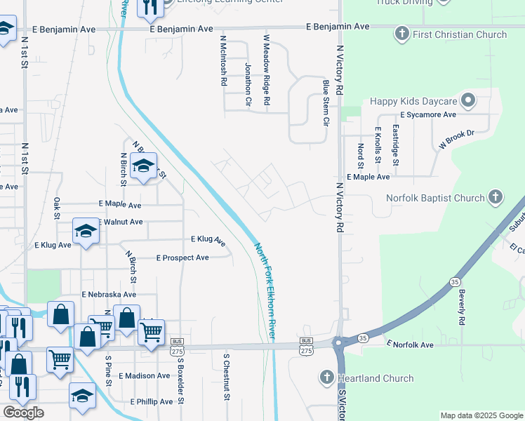 map of restaurants, bars, coffee shops, grocery stores, and more near 517 North Victory Road in Norfolk