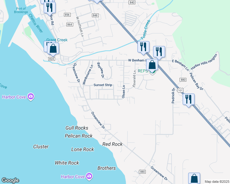 map of restaurants, bars, coffee shops, grocery stores, and more near 98135 West Nelson Lane in Brookings