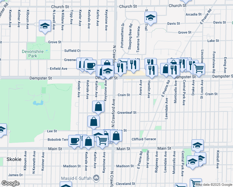 map of restaurants, bars, coffee shops, grocery stores, and more near 3950 Crain Street in Skokie
