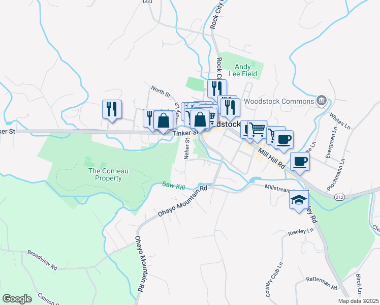 map of restaurants, bars, coffee shops, grocery stores, and more near 13 Neher Street in Woodstock