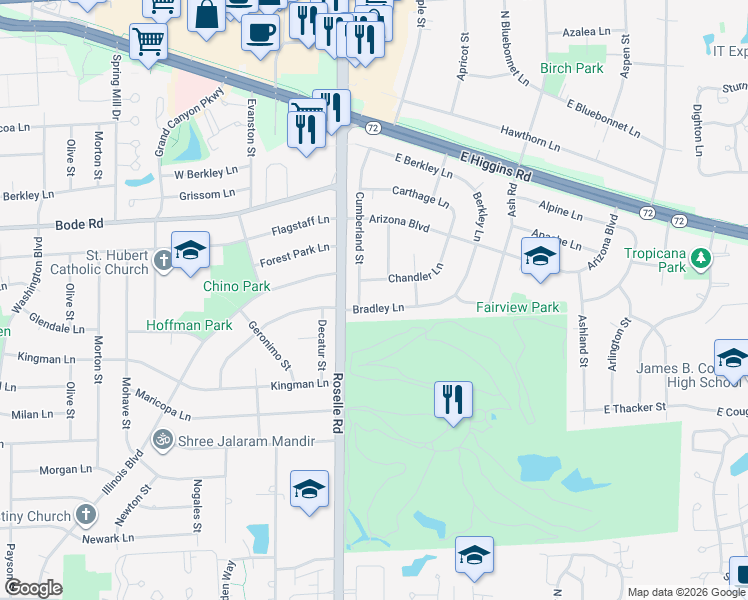 map of restaurants, bars, coffee shops, grocery stores, and more near 40 Bradley Lane in Hoffman Estates