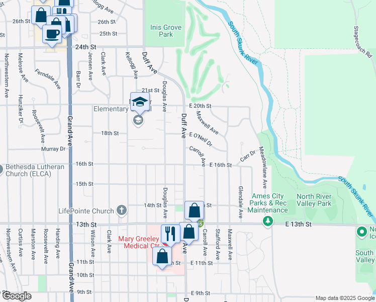 map of restaurants, bars, coffee shops, grocery stores, and more near 1643 Carroll Avenue in Ames