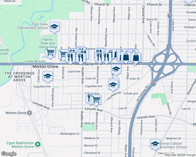 map of restaurants, bars, coffee shops, grocery stores, and more near Crain St in Cook
