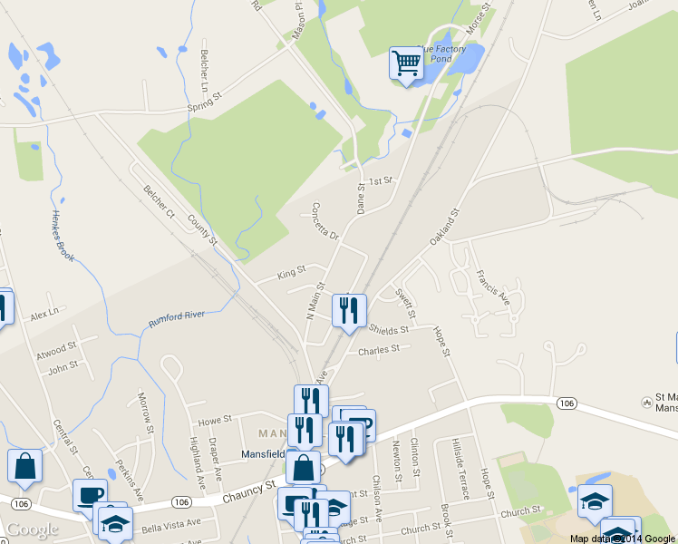 map of restaurants, bars, coffee shops, grocery stores, and more near 605 North Main Street in Mansfield