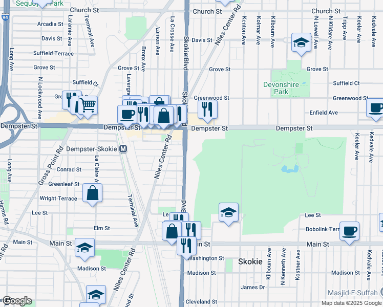 map of restaurants, bars, coffee shops, grocery stores, and more near 8707 US Highway 41 in Skokie