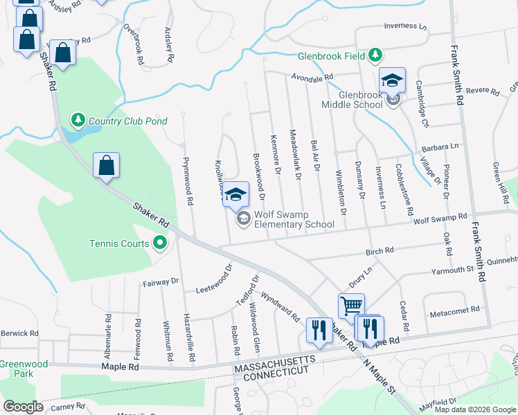 map of restaurants, bars, coffee shops, grocery stores, and more near 54 Brookwood Drive in Longmeadow
