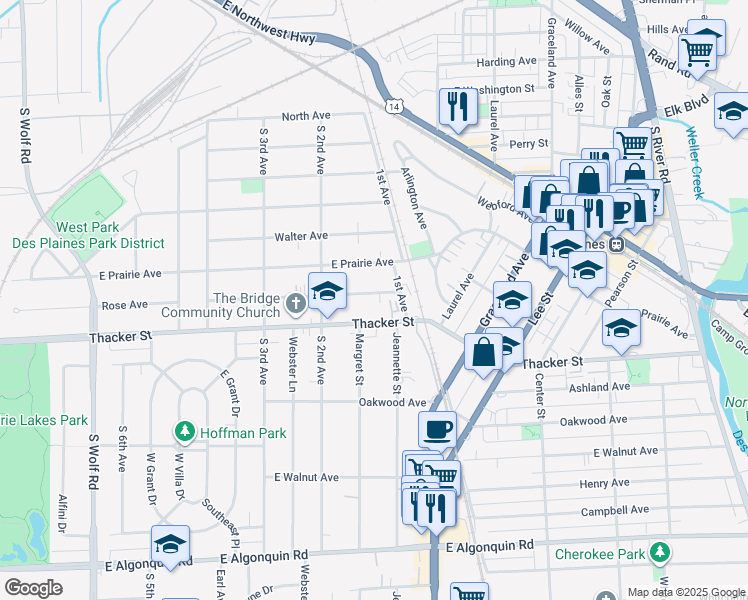 map of restaurants, bars, coffee shops, grocery stores, and more near 1095 Rose Avenue in Des Plaines