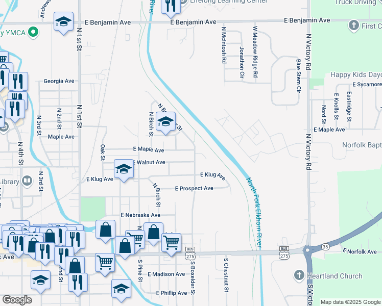 map of restaurants, bars, coffee shops, grocery stores, and more near 654 East Maple Avenue in Norfolk