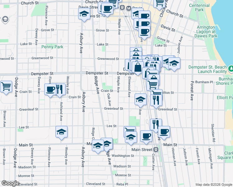 map of restaurants, bars, coffee shops, grocery stores, and more near 1135 Oak Avenue in Evanston