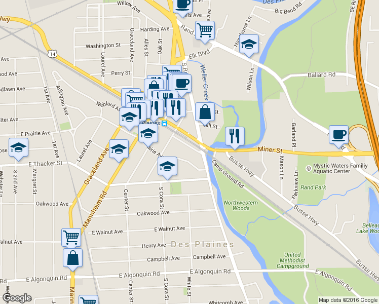 map of restaurants, bars, coffee shops, grocery stores, and more near 1585 Ellinwood Street in Des Plaines