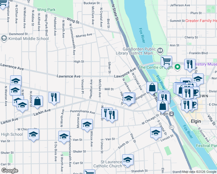 map of restaurants, bars, coffee shops, grocery stores, and more near 532 Mill Street in Elgin