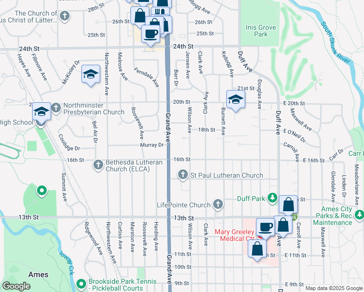 map of restaurants, bars, coffee shops, grocery stores, and more near 1621 Wilson Avenue in Ames