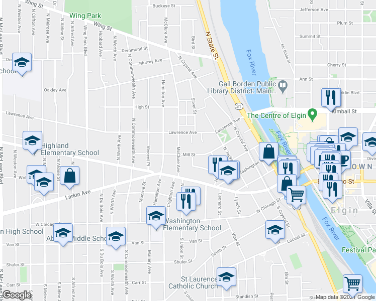 map of restaurants, bars, coffee shops, grocery stores, and more near 606 Mill Street in Elgin