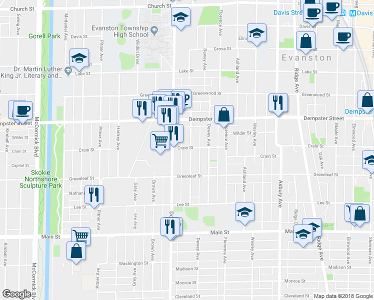 map of restaurants, bars, coffee shops, grocery stores, and more near 1800 Crain Street in Evanston