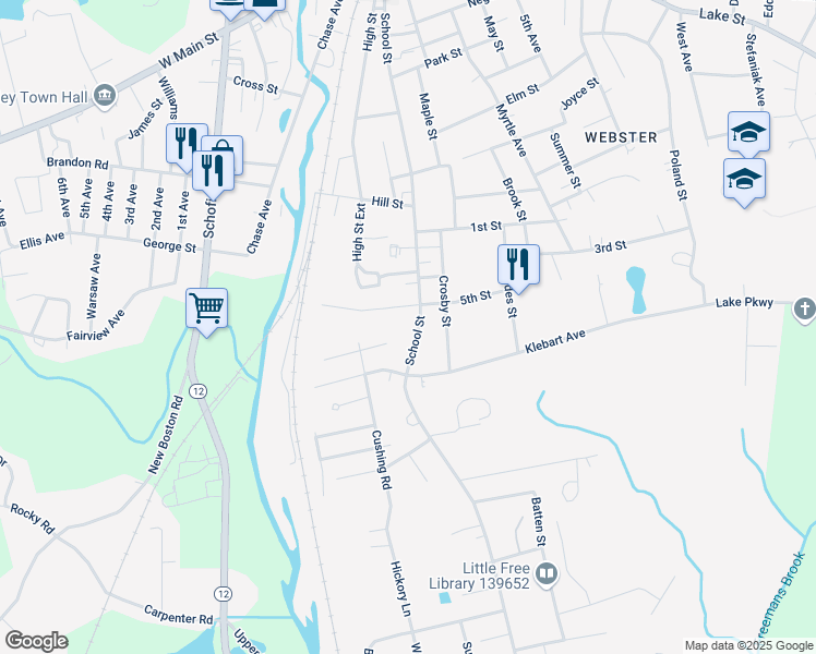 map of restaurants, bars, coffee shops, grocery stores, and more near 642 School Street in Webster