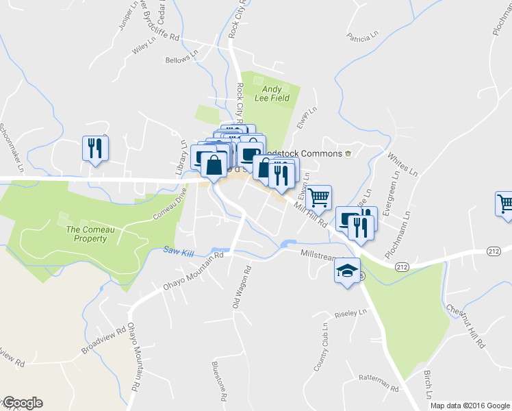 map of restaurants, bars, coffee shops, grocery stores, and more near 16 Deming Street in Woodstock