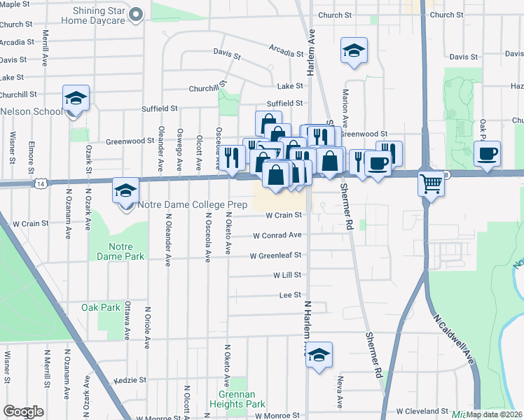 map of restaurants, bars, coffee shops, grocery stores, and more near 7258 Crain Street in Niles