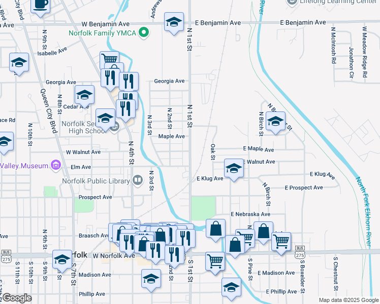 map of restaurants, bars, coffee shops, grocery stores, and more near 698 N 1st St in Norfolk