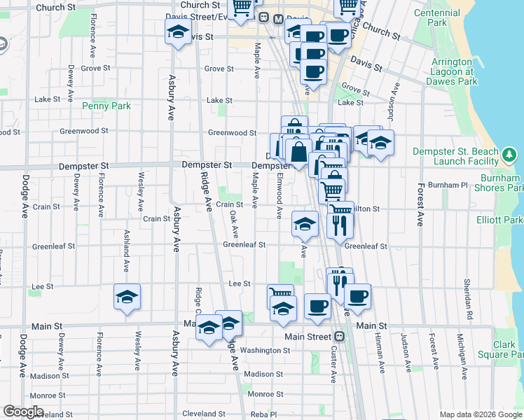 map of restaurants, bars, coffee shops, grocery stores, and more near 1138 Elmwood Avenue in Evanston