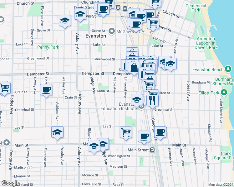 map of restaurants, bars, coffee shops, grocery stores, and more near 1135 Oak Avenue in Evanston