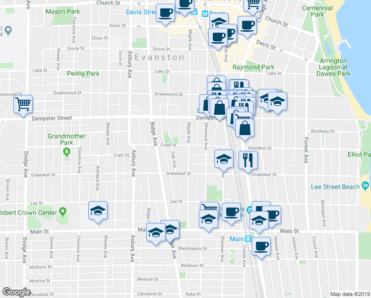map of restaurants, bars, coffee shops, grocery stores, and more near 1135 Oak Avenue in Evanston