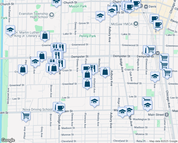 map of restaurants, bars, coffee shops, grocery stores, and more near 1137 Florence Avenue in Evanston