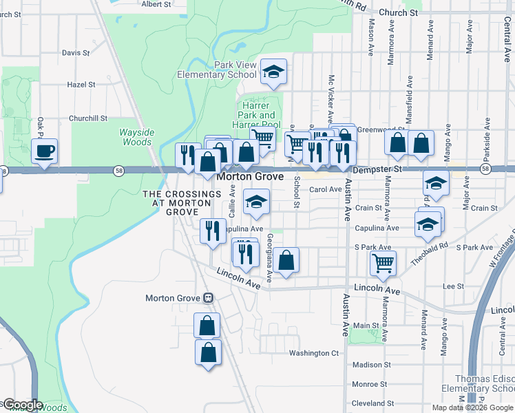 map of restaurants, bars, coffee shops, grocery stores, and more near 8700 Georgiana Avenue in Morton Grove