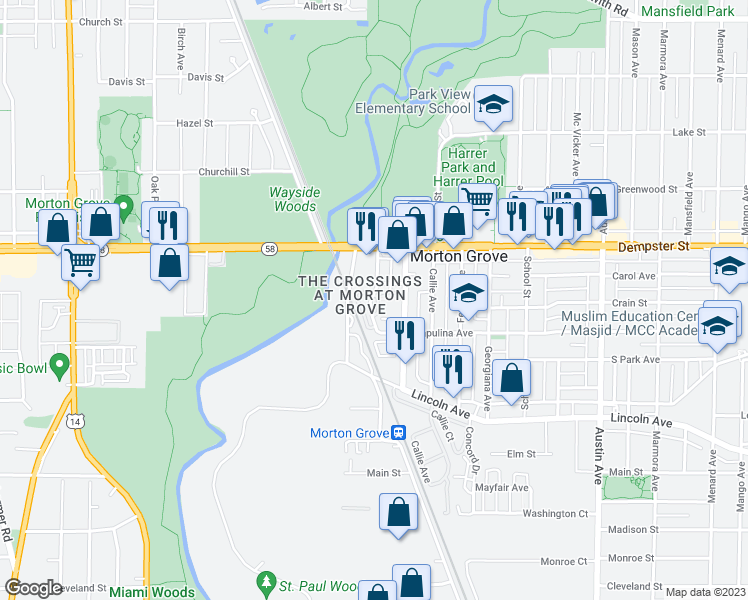 map of restaurants, bars, coffee shops, grocery stores, and more near 8660 Narragansett Avenue in Morton Grove