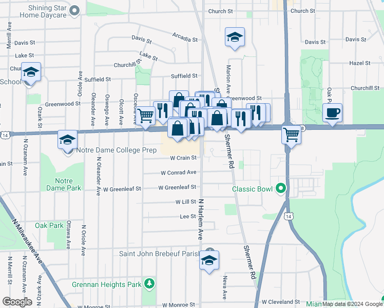 map of restaurants, bars, coffee shops, grocery stores, and more near 7217 Crain Street in Niles