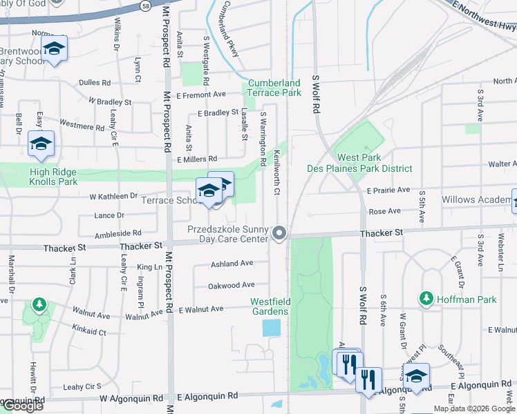 map of restaurants, bars, coffee shops, grocery stores, and more near 751 South Warrington Road in Des Plaines