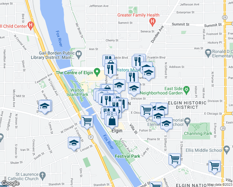 map of restaurants, bars, coffee shops, grocery stores, and more near 139 Center Street in Elgin