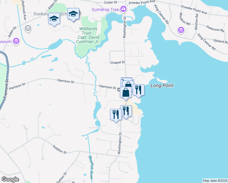 map of restaurants, bars, coffee shops, grocery stores, and more near 33 Harrison Street in Duxbury