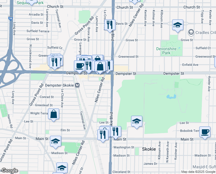 map of restaurants, bars, coffee shops, grocery stores, and more near 8700 Skokie Boulevard in Skokie