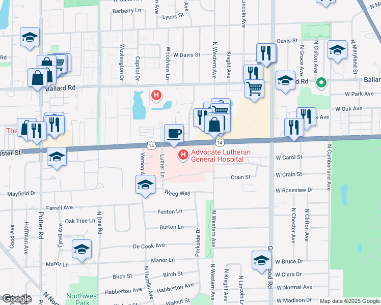 map of restaurants, bars, coffee shops, grocery stores, and more near 1775 Dempster Street in Park Ridge