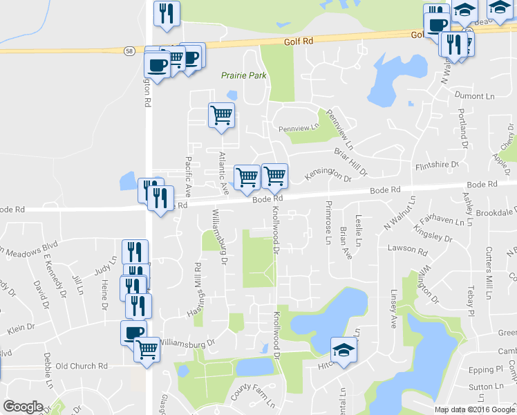 map of restaurants, bars, coffee shops, grocery stores, and more near 2350 Bode Rd in Schaumburg