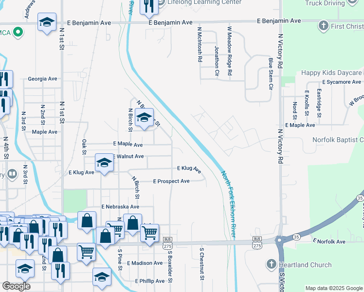 map of restaurants, bars, coffee shops, grocery stores, and more near 705 East Walnut Circle in Norfolk