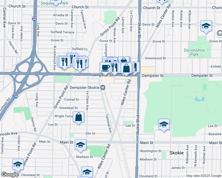 map of restaurants, bars, coffee shops, grocery stores, and more near 4938C Crain Street in Skokie