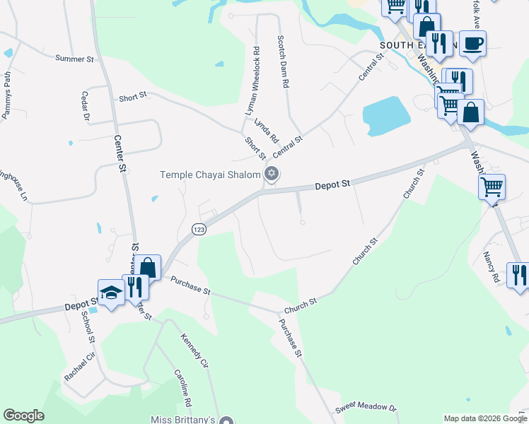 map of restaurants, bars, coffee shops, grocery stores, and more near 6 Priscilla Road in Easton