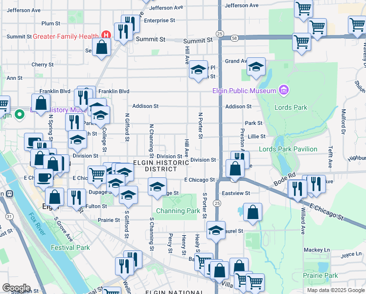 map of restaurants, bars, coffee shops, grocery stores, and more near 115 Hill Avenue in Elgin