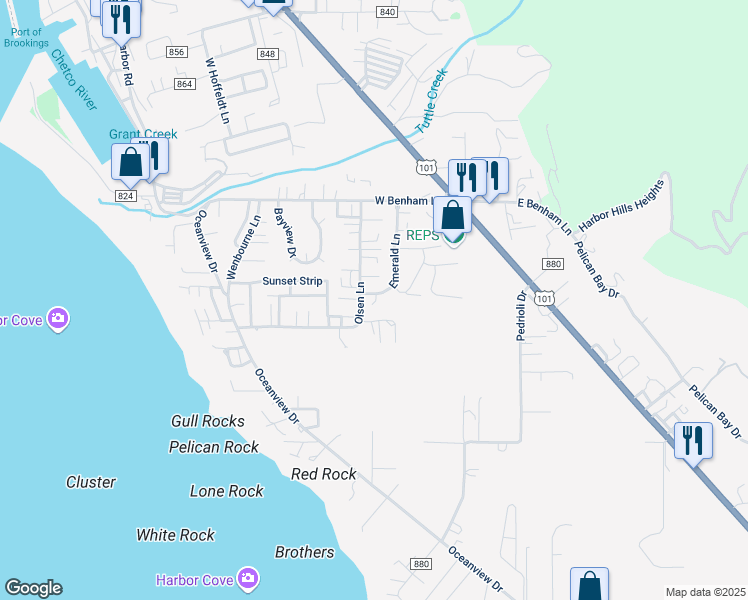 map of restaurants, bars, coffee shops, grocery stores, and more near 98162 West Nelson Lane in Brookings