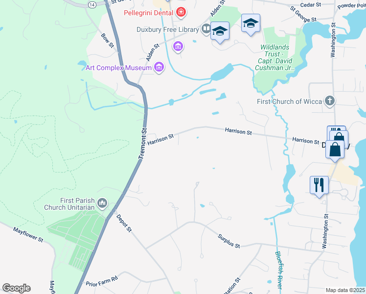 map of restaurants, bars, coffee shops, grocery stores, and more near 251 Harrison Street in Duxbury