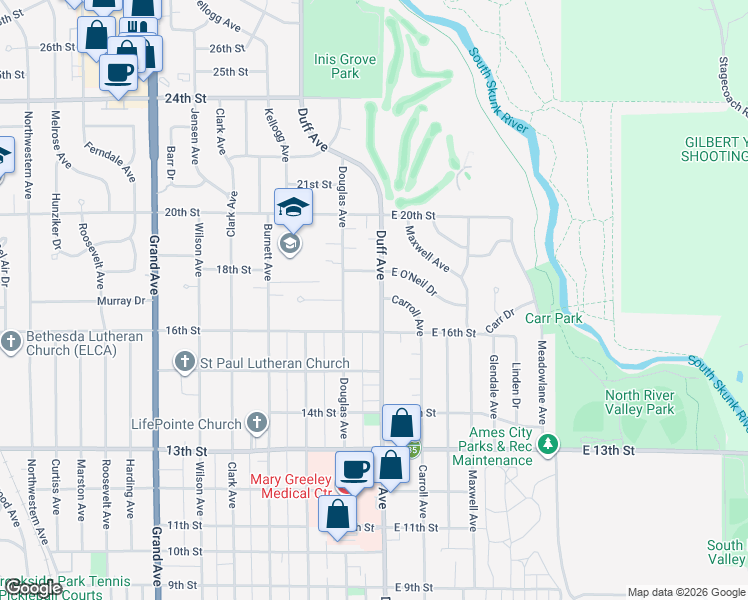 map of restaurants, bars, coffee shops, grocery stores, and more near 1643 Carroll Avenue in Ames